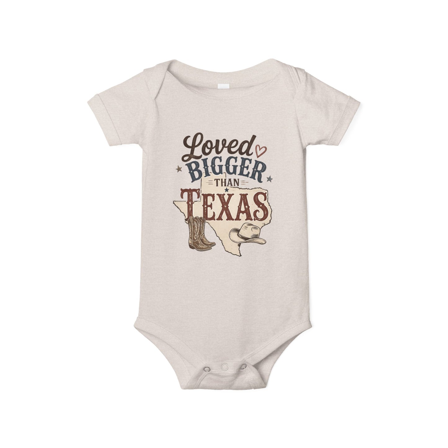 Loved Bigger Than Texas Infant Bodysuit — Baby Onesie with Cowboy Hat & Boot Design