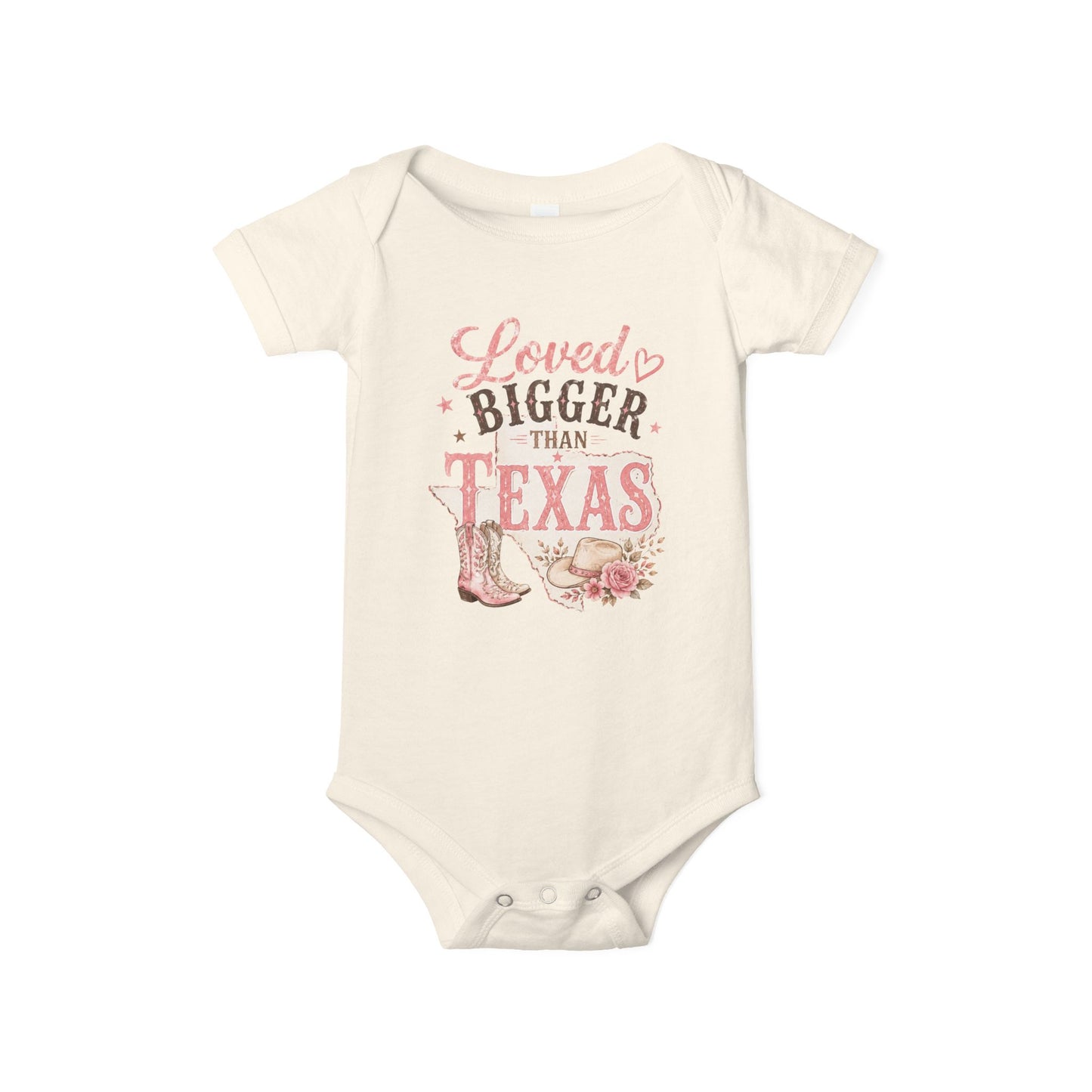 Infant One-Piece Bodysuit — "Loved Bigger Than Texas" Pink Cowboy Boots Design